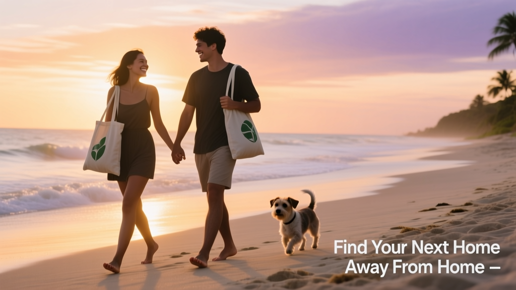 Couple walking barefoot along a quiet Caribbean beach at sunset, carrying reusable grocery bags