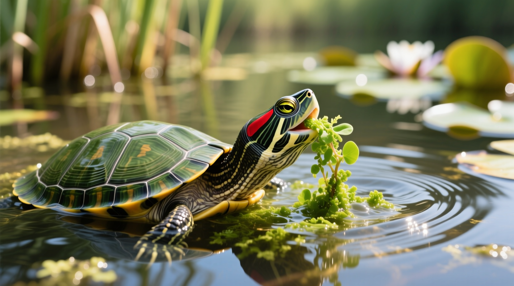 Healthy red-eared slider turtle eating aquatic vegetation