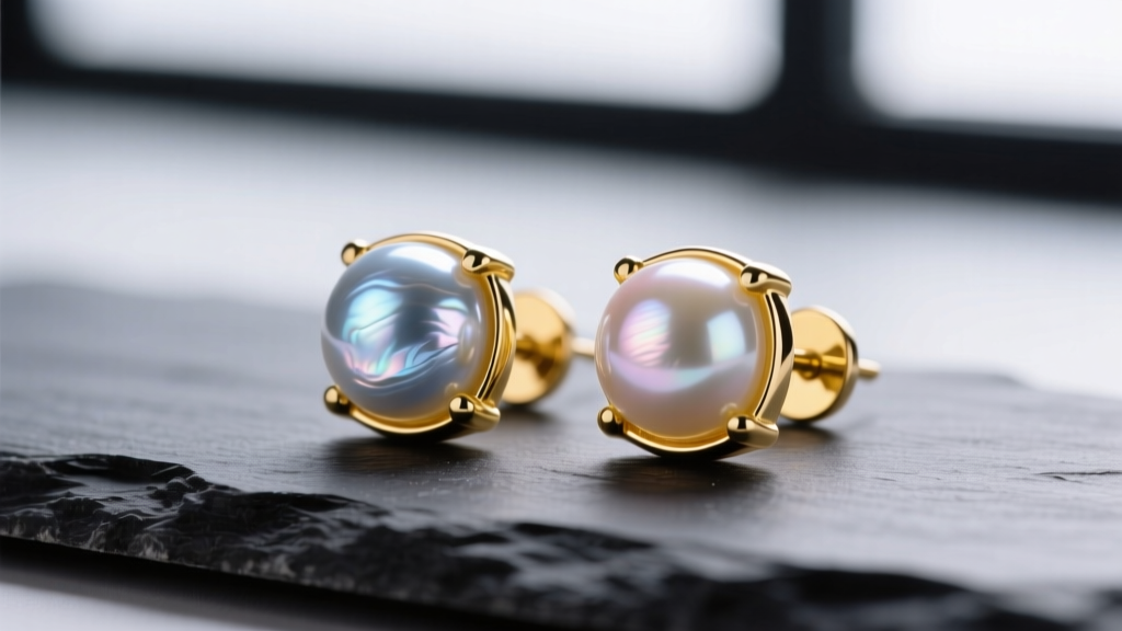 Macro shot of 8mm Akoya pearl stud earrings in 14k yellow gold on dark slate, highlighting mirror-like luster and pristine nacre.