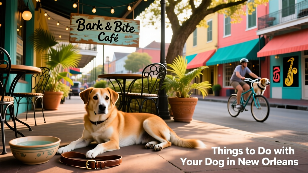 A dog relaxing on the shaded outdoor patio of a vibrant, dog-friendly restaurant in New Orleans.