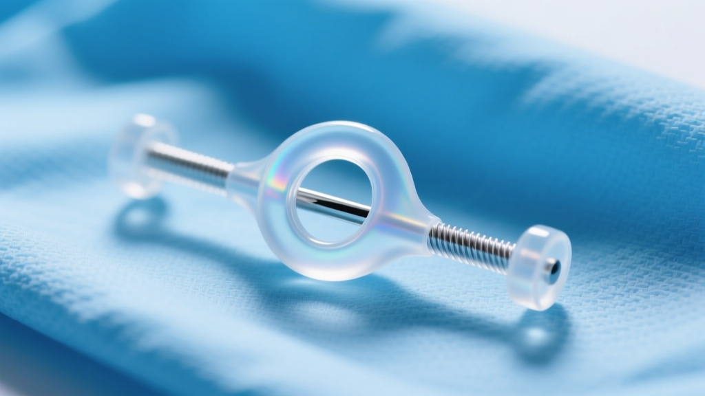 Macro photography of a translucent flexible PTFE 14-gauge navel barbell resting on a sterile blue medical drape