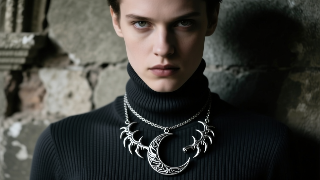Portrait of a person wearing a layered crescent moon and werewolf claw necklace over a dark ribbed turtleneck in dim gothic light
