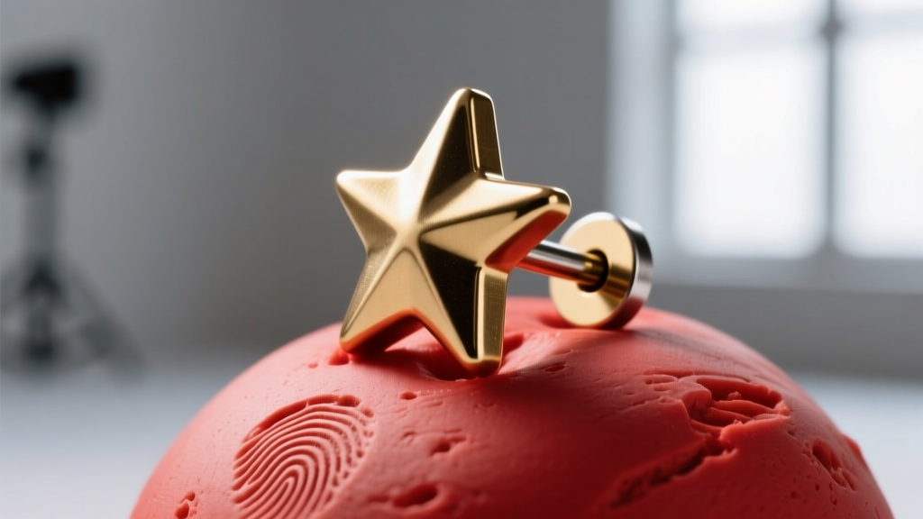 Macro close-up of a 20-gauge titanium flat-back post embedded into raw polymer clay holiday star stud before baking and sealing