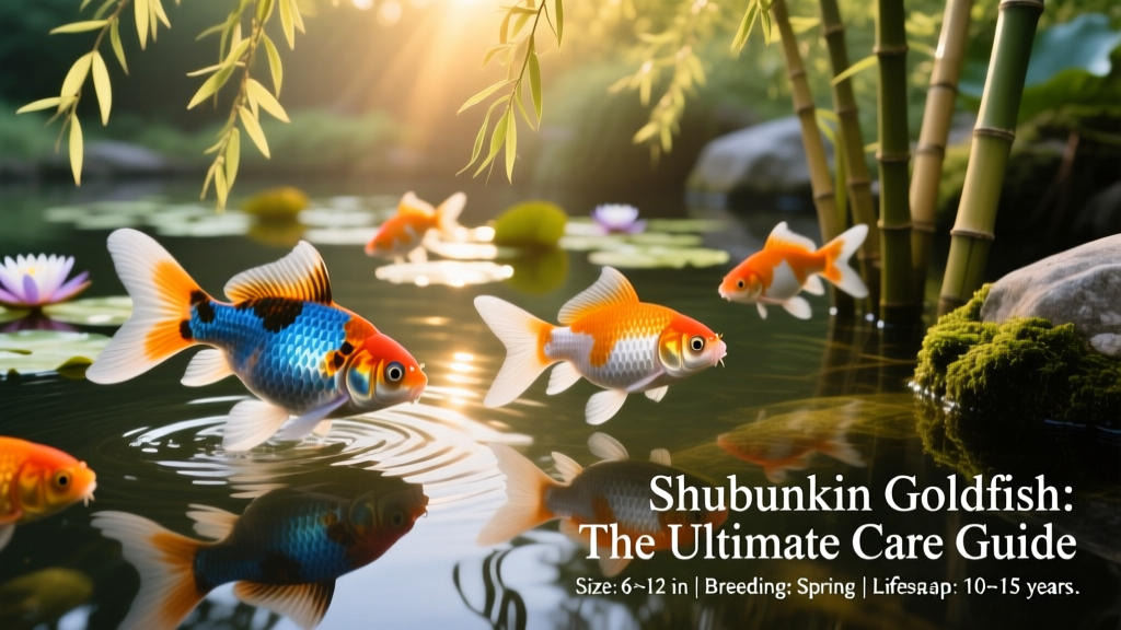 A group of active, calico-patterned Shubunkin goldfish swimming in a well-planted outdoor pond