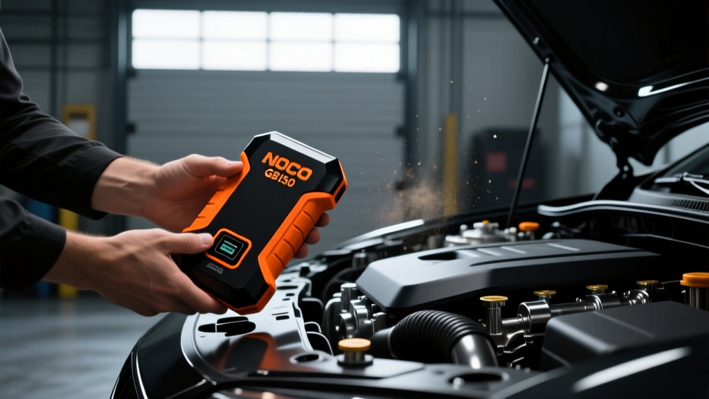 Hands holding a sleek black and orange NOCO GB150 jump starter next to a modern car engine block in a dimly lit garage
