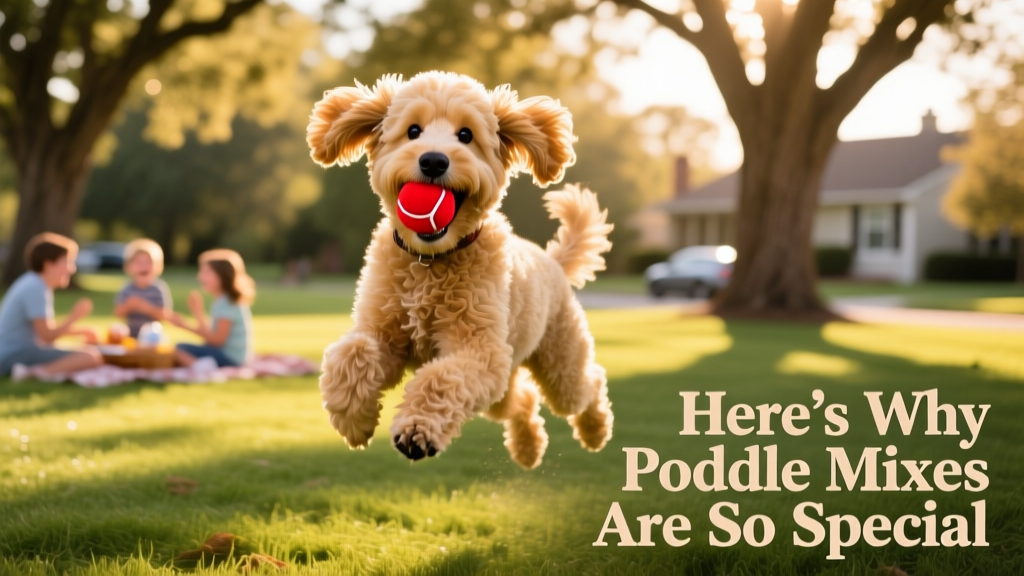 A joyful, well-groomed Goldendoodle playing fetch in a sunlit park
