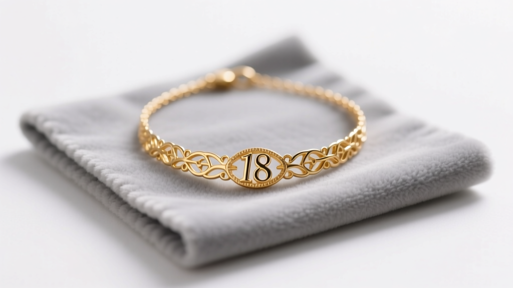 Close-up of a delicate 18k gold female sign necklace resting on a soft grey velvet cleaning pad under bright studio lighting.