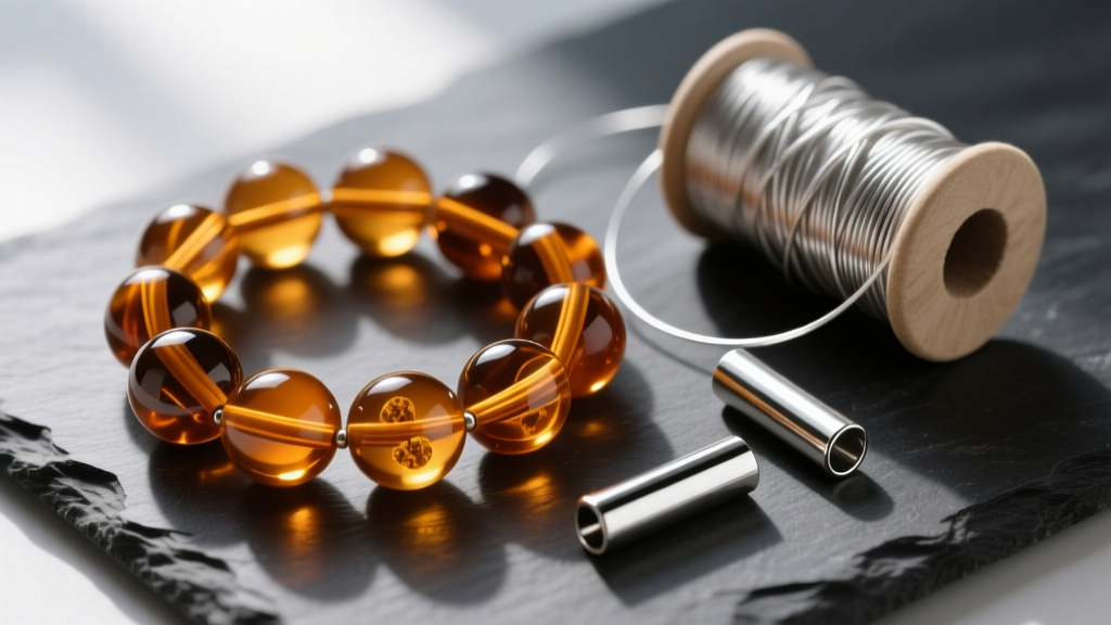 Flat lay of large 25mm amber resin beads, silver crimp tubes, and a spool of 49-strand beading wire on a dark slate workspace.