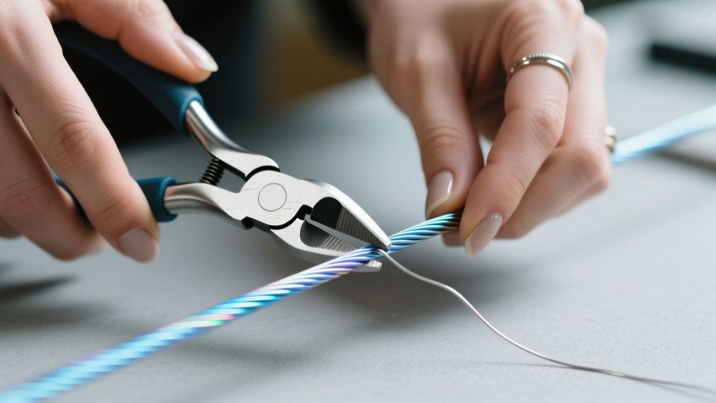 Close-up of hands using flush cutters to snip 20-gauge niobium wire, flat side facing the working end of the wire.