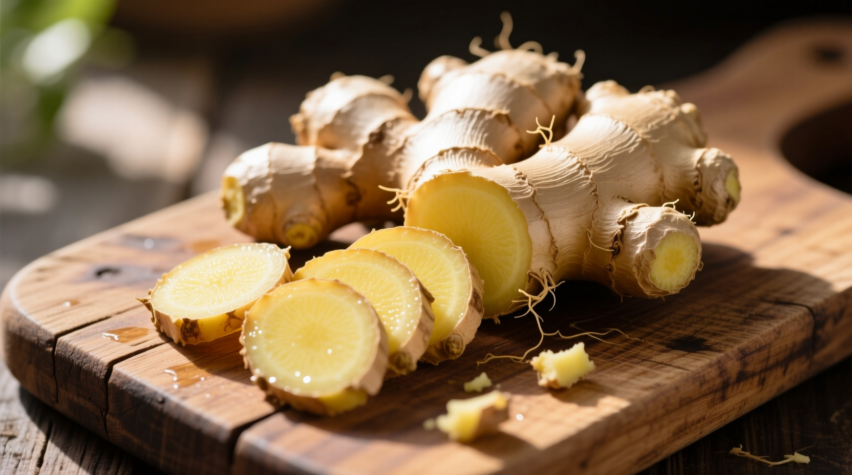 Fresh ginger root with sliced pieces on wooden cutting board