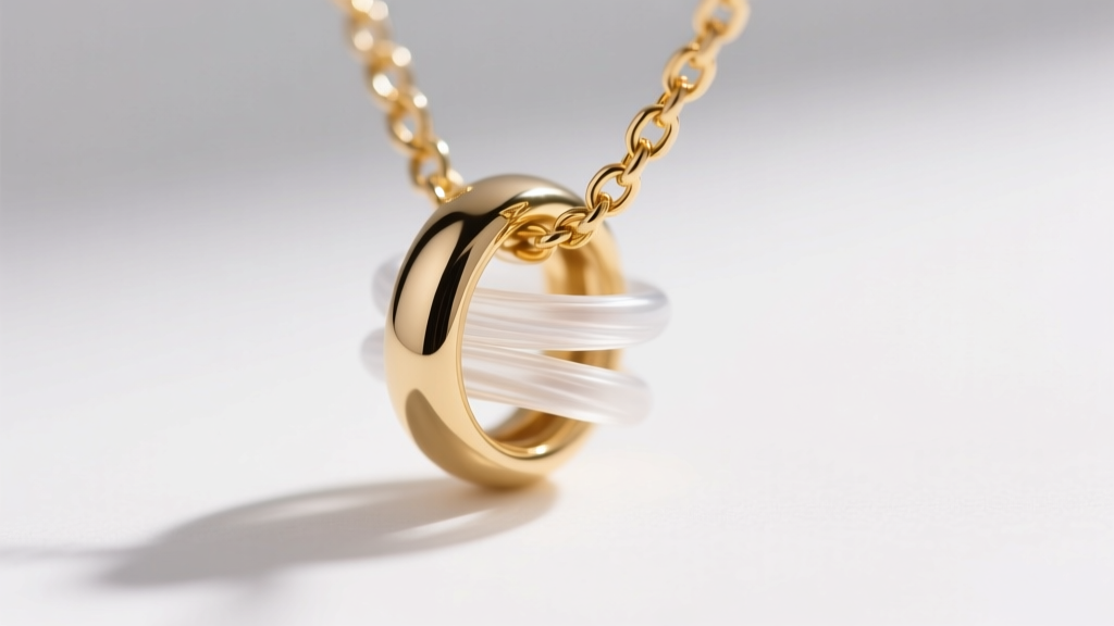Extreme close up of a pendant bail wrapped with clear silicone tubing to prevent flipping on a thin 20 gauge gold chain necklace.