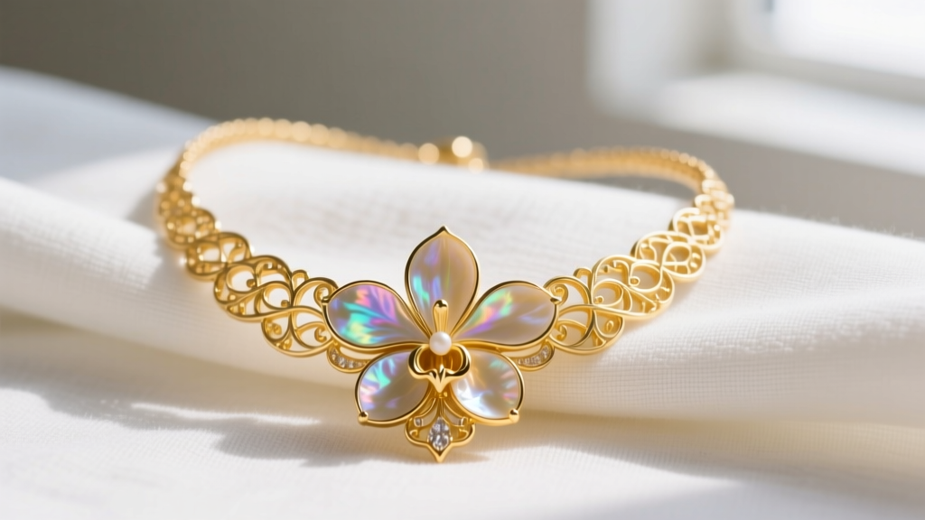 Macro shot of a 14k yellow gold Hawaiian orchid necklace with intricate mother-of-pearl inlay, displayed on a white linen cloth.