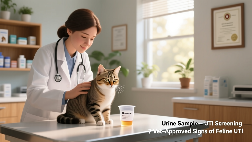 Veterinarian gently examining a calm cat during a wellness check, with a urine sample cup visible on the exam table