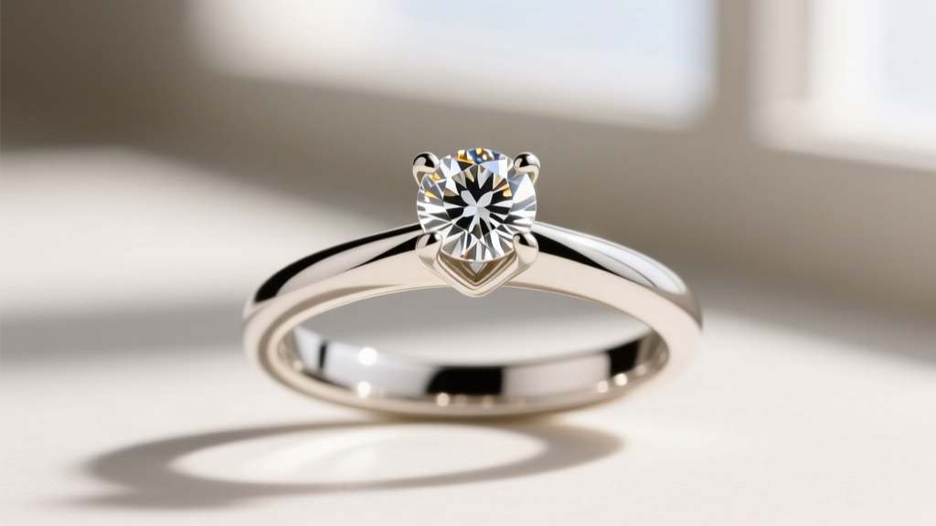 Side profile of a 1.5mm white gold shank with claw prongs securing a round diamond, emphasizing the stone's visual width and spread