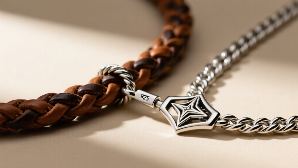 Rugged braided leather cord with a silver clasp next to a heavy 925 sterling silver rope chain, showing western necklace hardware.