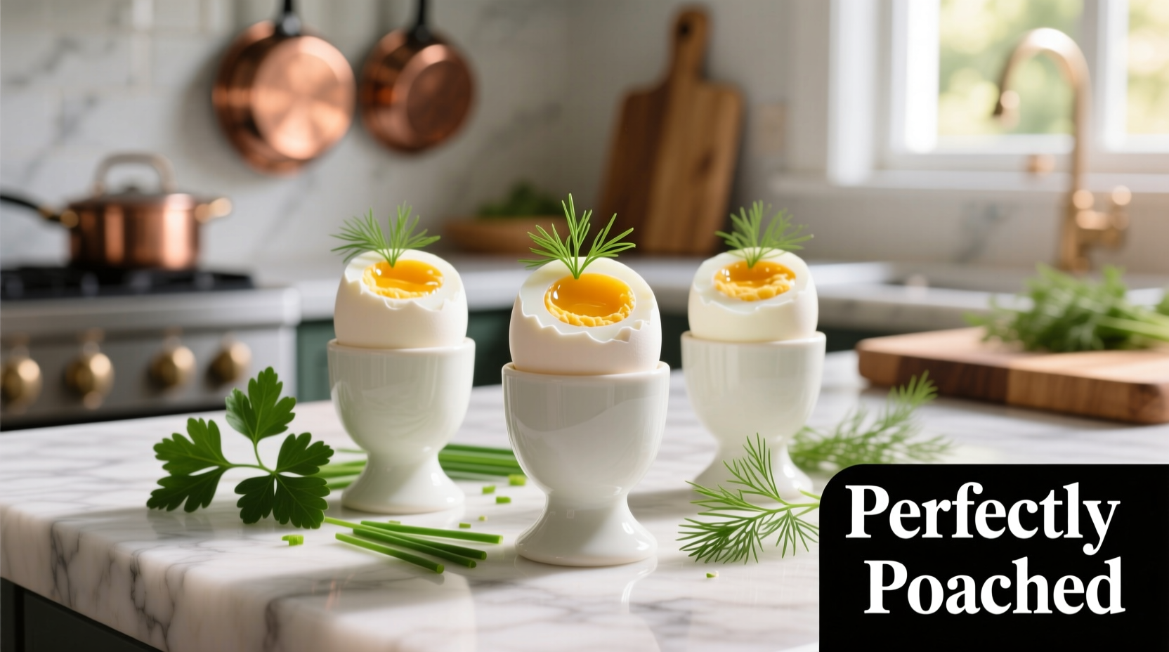 Perfect hard boiled eggs in egg cups with fresh herbs