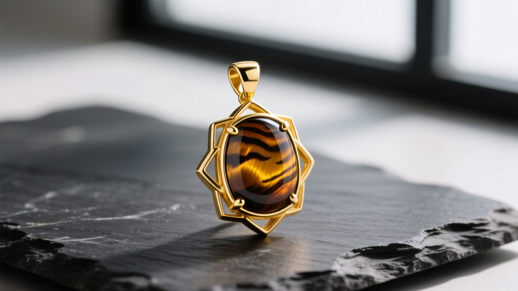 Close-up of an 18k yellow gold bezel-set tiger eye pendant on dark slate, highlighting the stone