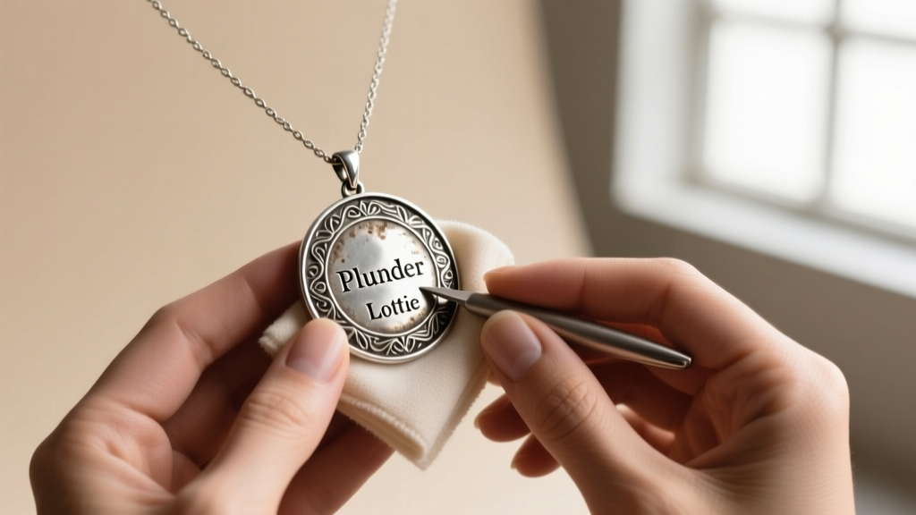 Hands polishing the oxidized silver Plunder Lottie necklace medallion with a microfiber jeweler