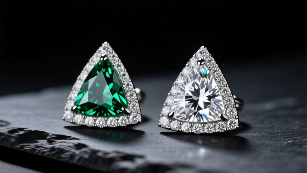 Close-up of bezel-set triangle diamond earrings on dark slate, illuminated by soft directional studio lighting to highlight facets
