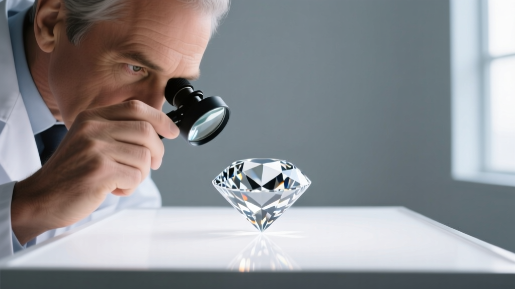Gemologist using a 10x loupe to inspect a loose VVS diamond, illuminated by a bright lightbox highlighting its flawless facets