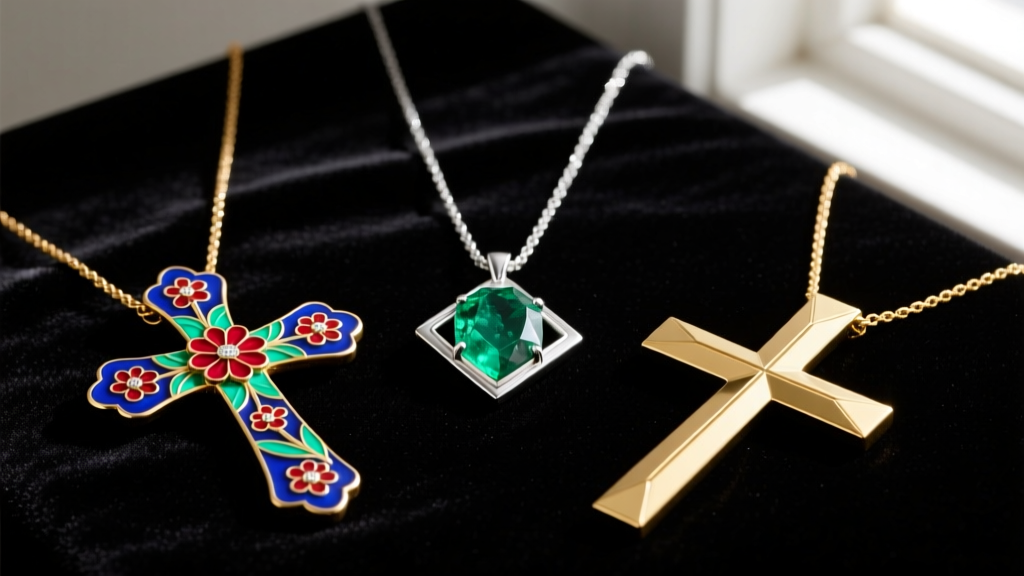 Flat lay of three unique cross necklaces on dark velvet, featuring enamel, raw emerald, and minimalist sideways gold designs.