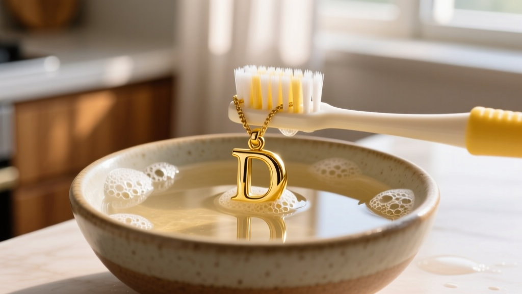 A soft-bristled baby toothbrush gently scrubbing a 14k yellow gold letter D pendant in a small ceramic bowl of warm soapy water