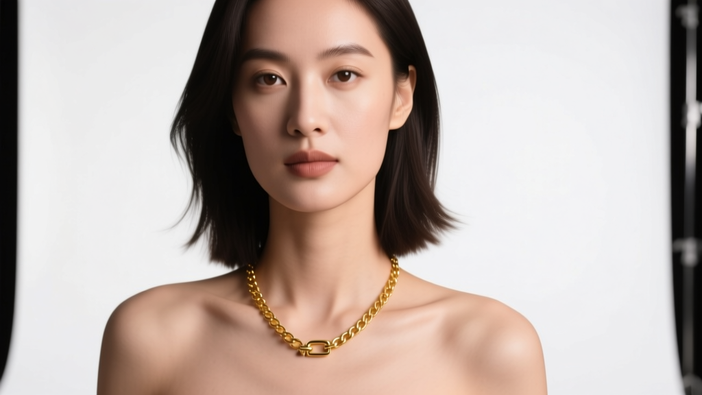 Woman wearing a gold chain showing a sizing fit issue with the clasp resting awkwardly on her collarbone in soft studio lighting