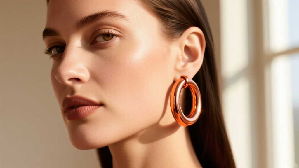 Profile of a woman wearing 20-gauge copper huggie hoops, highlighting the clean, sealed orange metal against her warm skin tone.