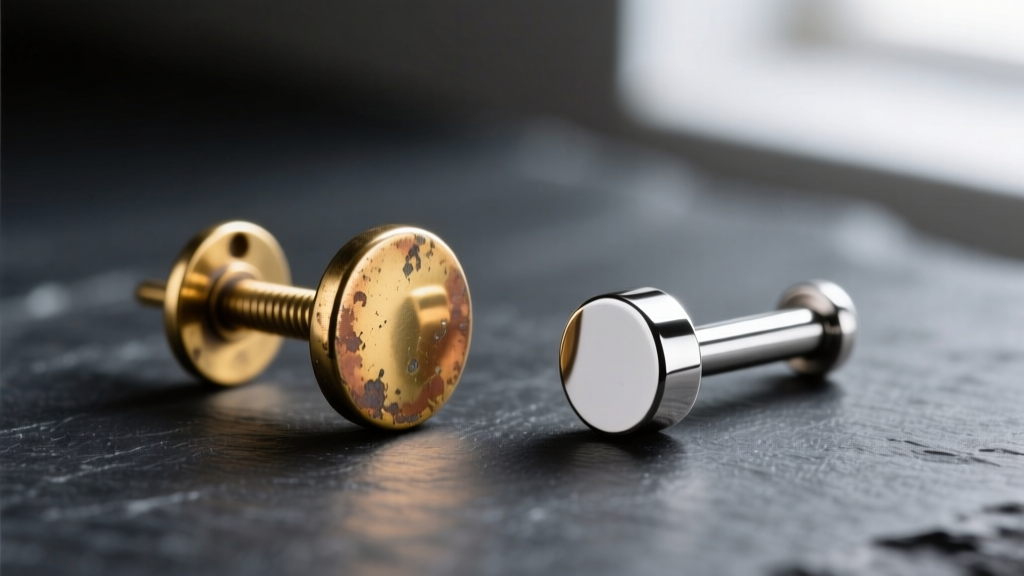 Side-by-side view of a tarnished brass earring post and a bright ASTM F136 titanium labret stud against a dark slate background.