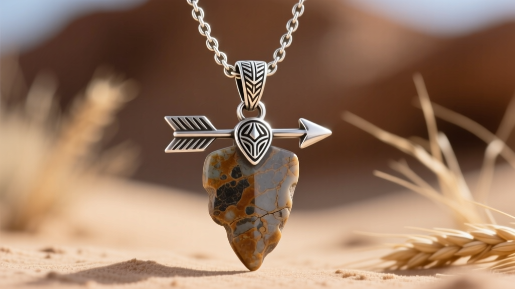A 3mm oxidized silver wheat chain threaded through a large bail of a heavy Native American carved stone arrowhead necklace pendant.
