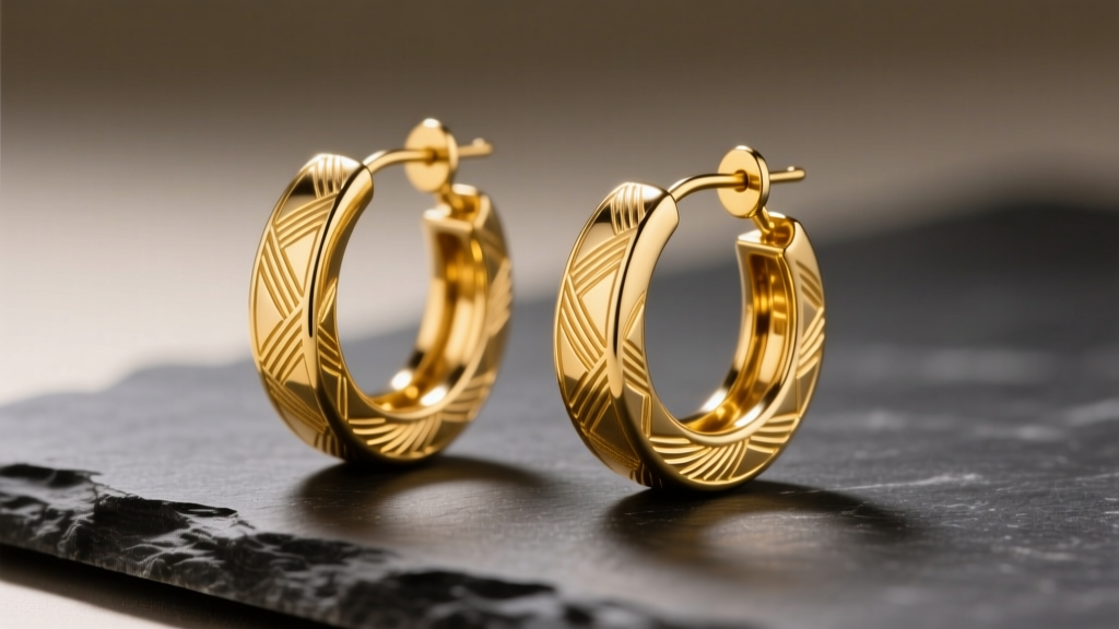Close-up of 1970s 14k yellow gold hoop earrings with Florentine engraving, resting on dark slate under soft studio lighting