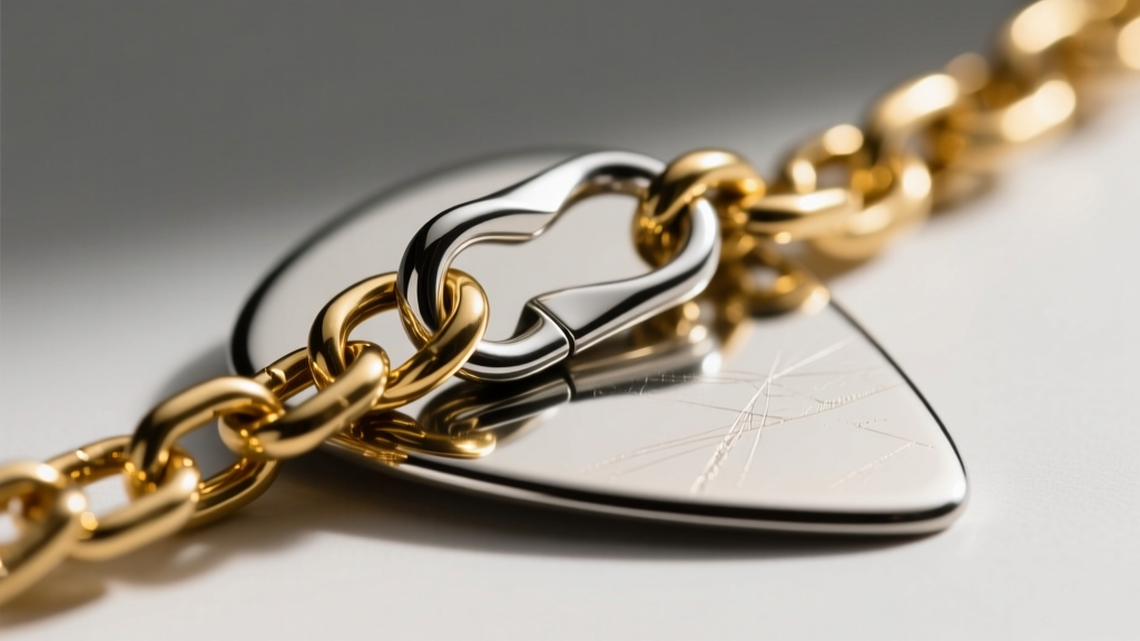 Close-up of a gold filled rolo chain threading through a soldered sterling silver pinch bail on a polished metal guitar pick.