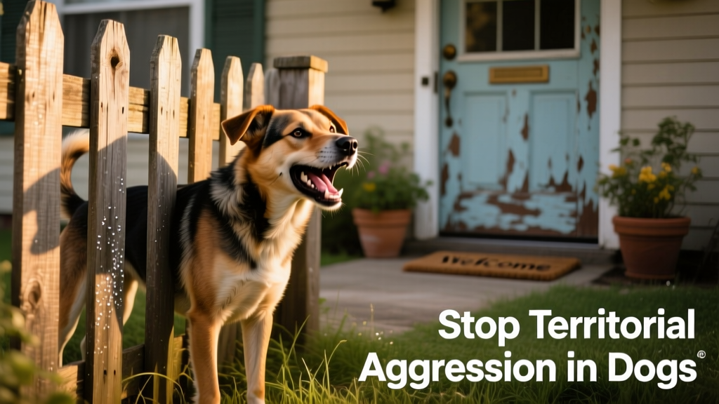 Dog barking protectively from behind a fence near a front door