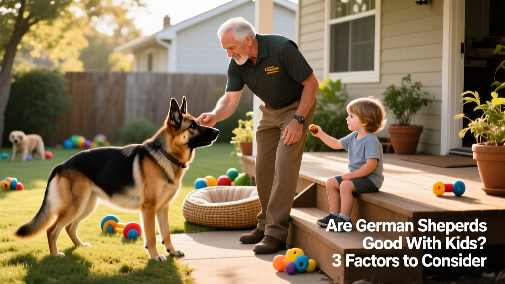A trainer guiding a German Shepherd through a gentle 'leave it' exercise while a child sits nearby holding a treat