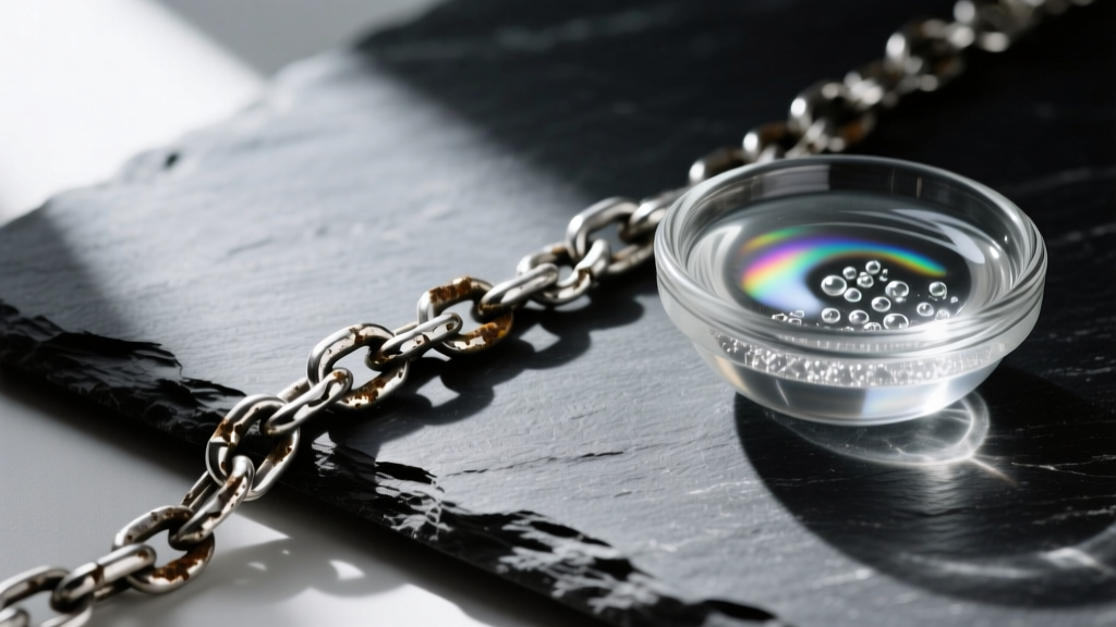 Close-up of a tarnished 925 sterling silver chain resting on dark slate next to a small glass bowl of commercial liquid silver dip