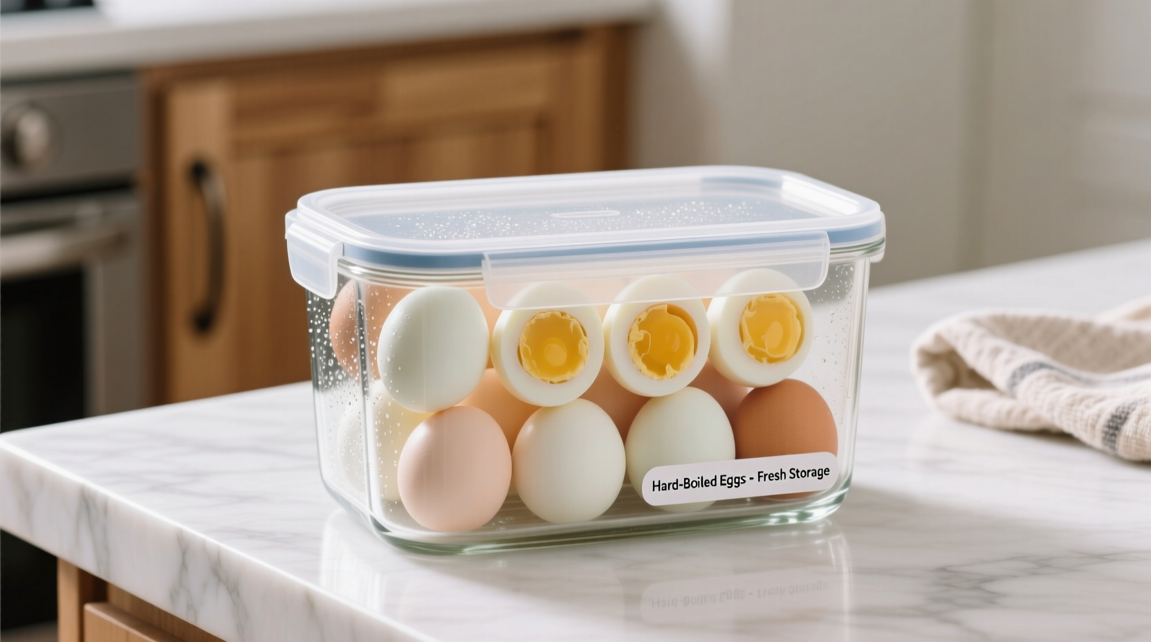 Properly stored hard-boiled eggs in airtight container