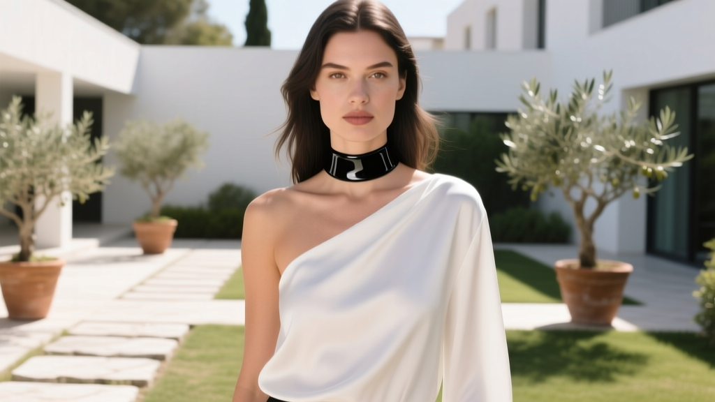 Woman wearing a 30mm black bio-resin thick choker necklace paired with a white asymmetrical one-shoulder silk blouse outdoors