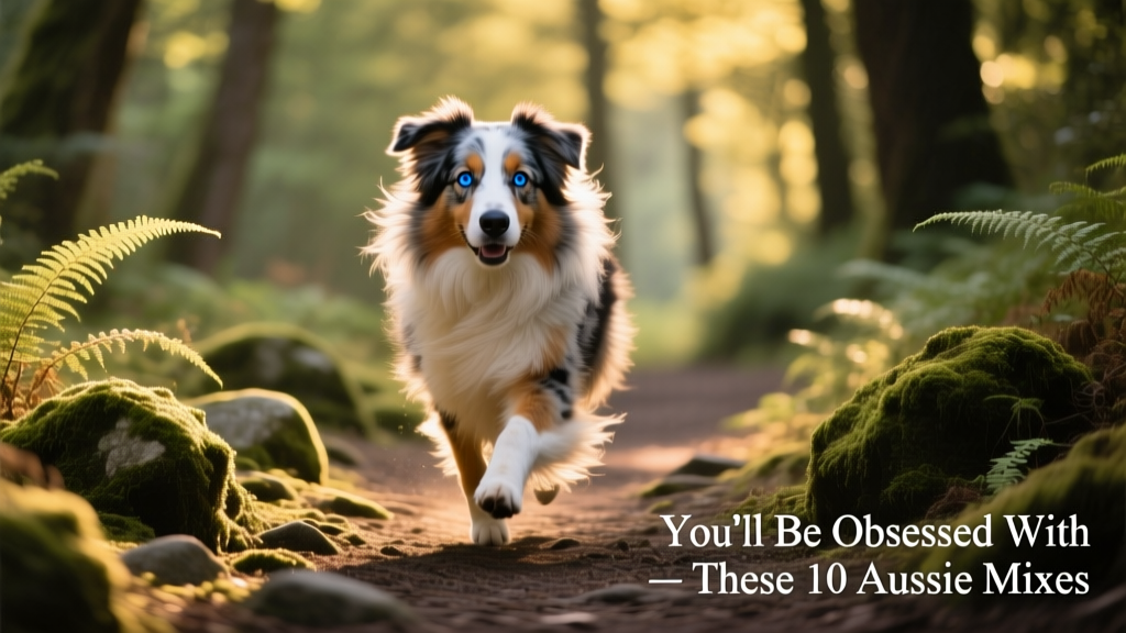 An Ausky with striking blue eyes and a thick, fluffy coat trotting confidently along a forest trail