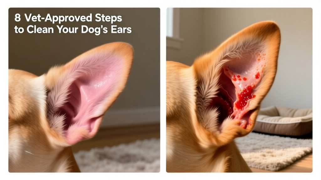 Side-by-side comparison showing healthy pink ear tissue versus inflamed, waxy ear canal