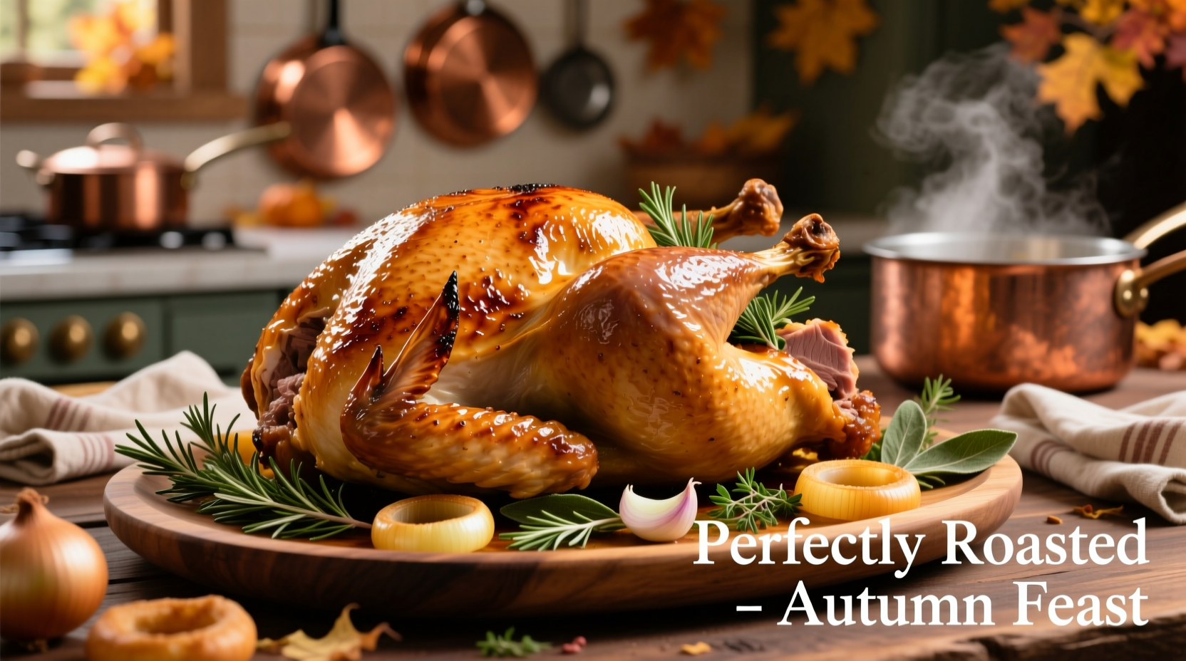 Perfectly roasted golden-brown turkey with herbs