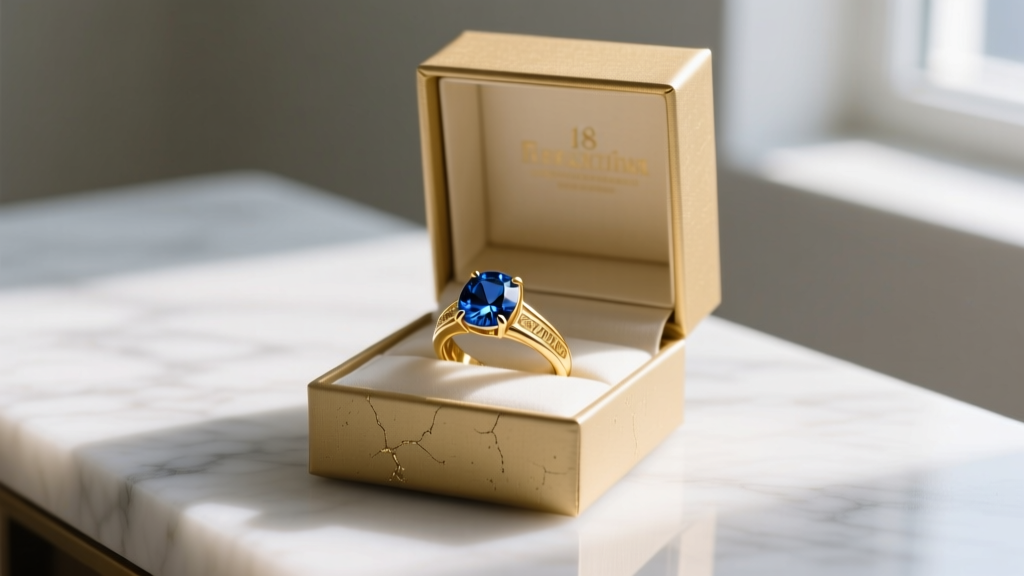 Opened gift box on marble revealing a polished 18k gold vintage cocktail ring with a brilliant sapphire in soft morning light
