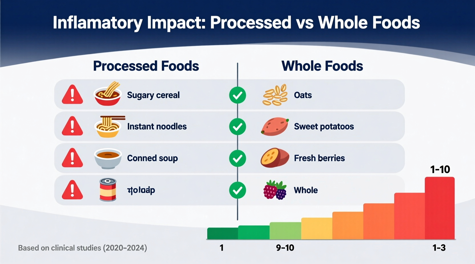 Inflammatory foods comparison chart showing processed vs whole foods