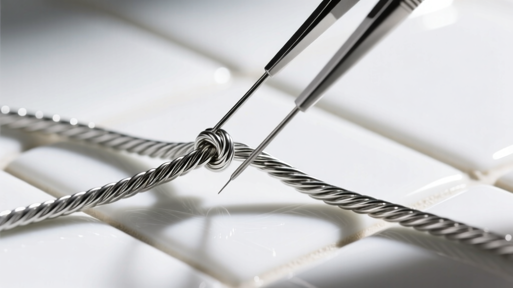 Two fine needles untangling a kinked 0.9mm sterling silver cable chain on a white ceramic tile under bright, focused lighting.