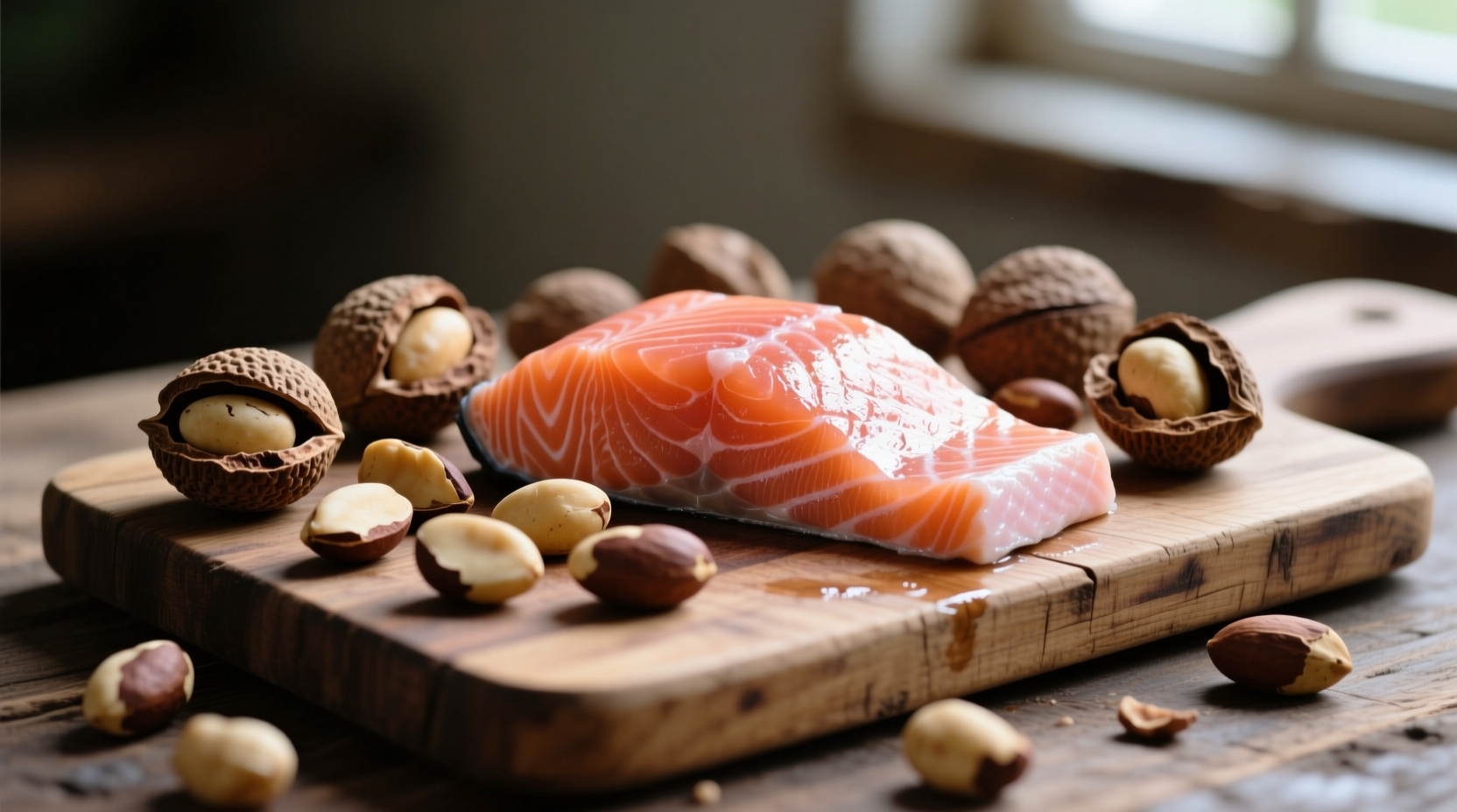 Brazil nuts and salmon on wooden cutting board