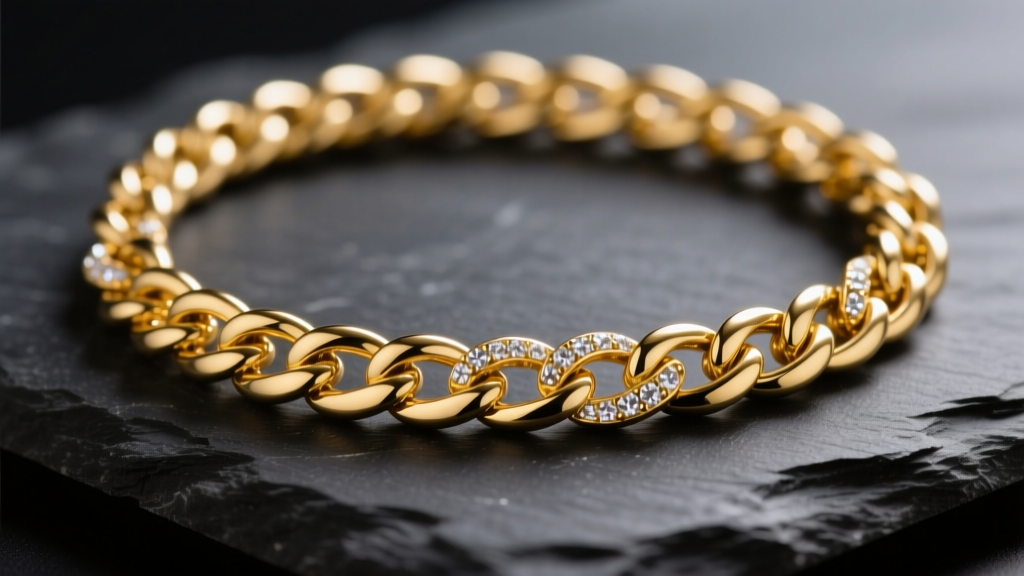 Close-up of a 14k yellow gold figaro chain necklace on dark slate, showing alternating links under soft studio lighting