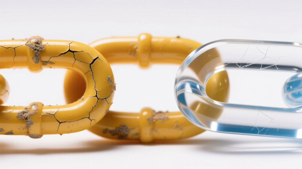 Macro shot of a yellowed plastic chain link beside a pristine UV-resistant PMMA acrylic link under bright studio lighting