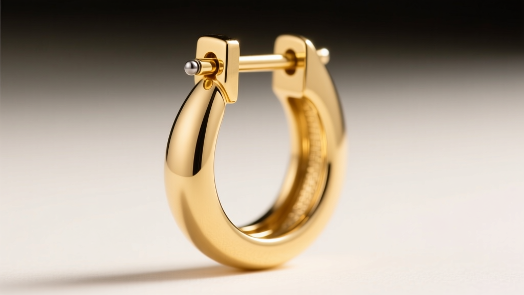 Macro photography of a 14k gold teardrop hoop earring hinge clasp mechanism, showing the interlocking groove and tiny steel pin.