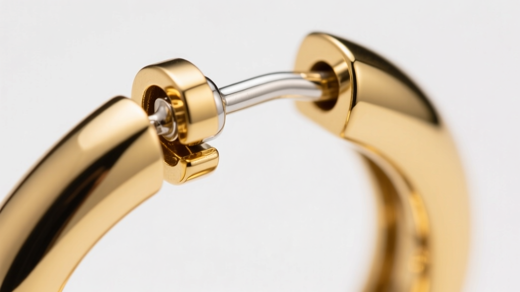 Macro shot of an MJ hoop earring hinge showing a secure snap closure and thick gold vermeil finish over sterling silver