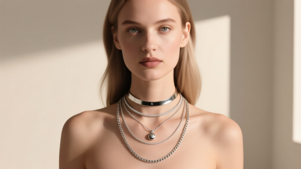 Editorial fashion shot of a layered necklace stack featuring a 38cm choker, a 41cm pendant necklace, and a 45cm chain on a model
