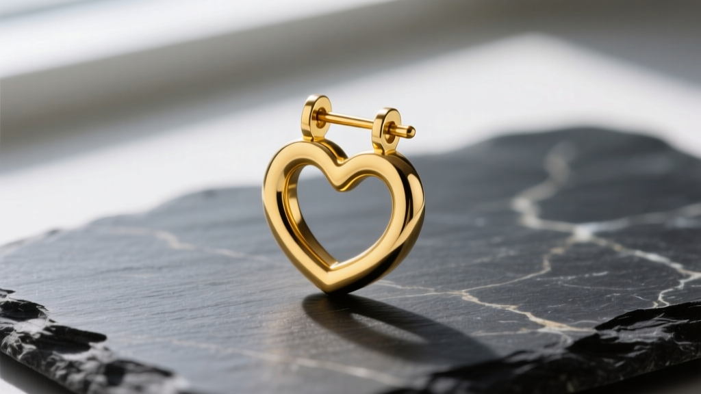 Macro shot of a 16-gauge 14k yellow gold heart huggie earring with a hinged clicker closure, resting on a dark slate stone surface